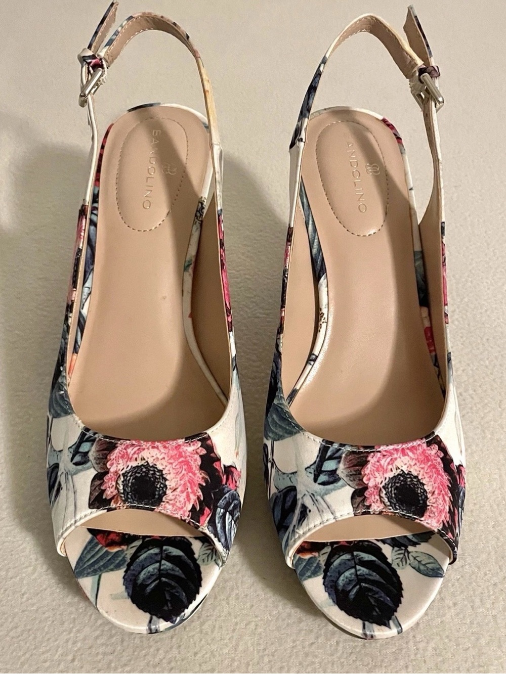 Bandolino Floral Slingback Peep-Toe Heels in White, Pink & Navy